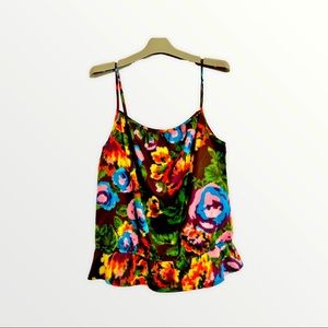 Old Navy silky tank, Medium, colorful, sleeveless, ruffly, flowers, artsy